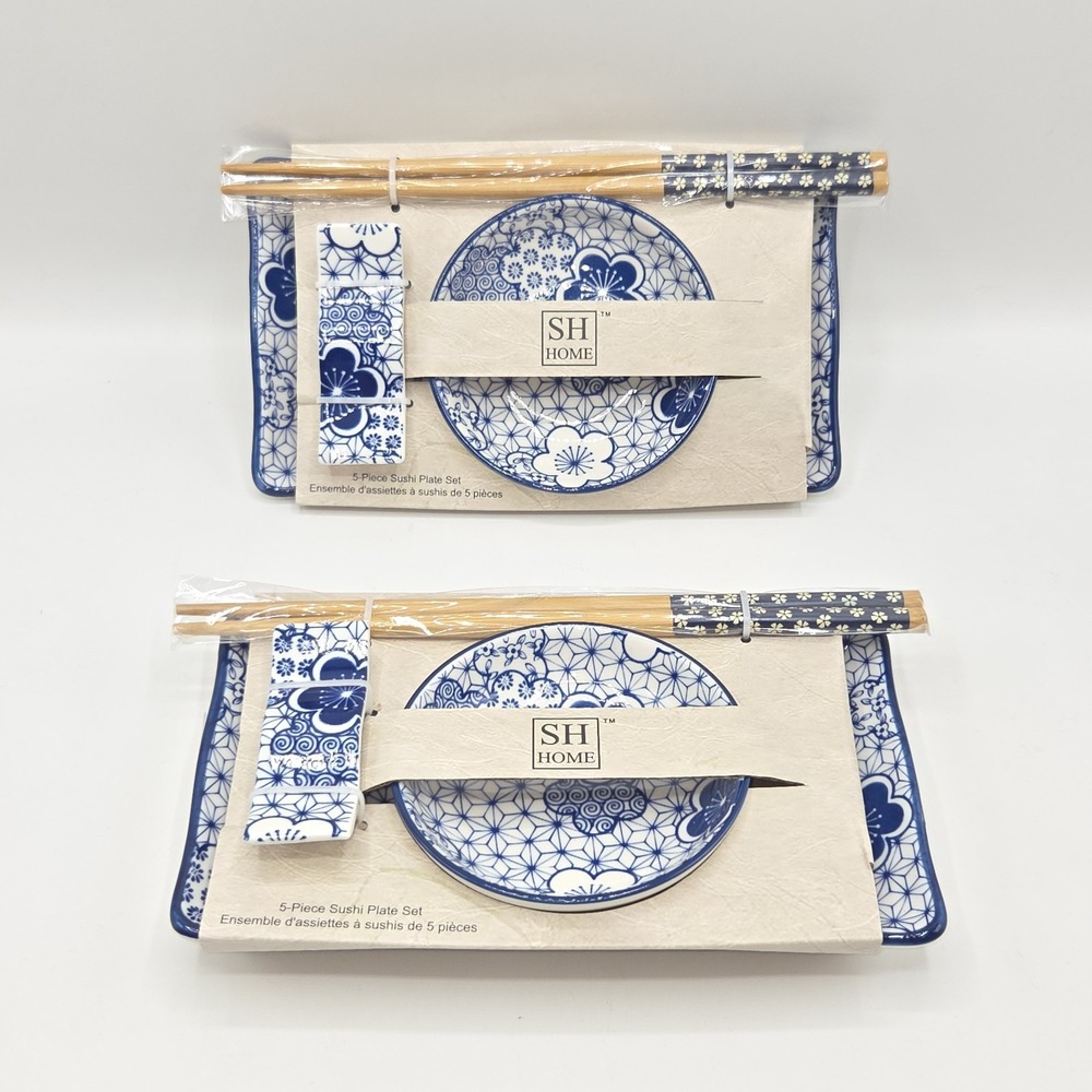 SH Home Set of 2 Ceramic Sushi Serving Plate 8x4.5 Blue White Floral Print 10pcs